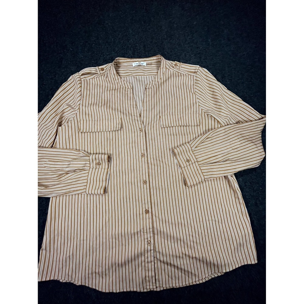 Calvin Klein Blouse Top Womens XL Tan White Striped Roll Tab Sleeve Button Front